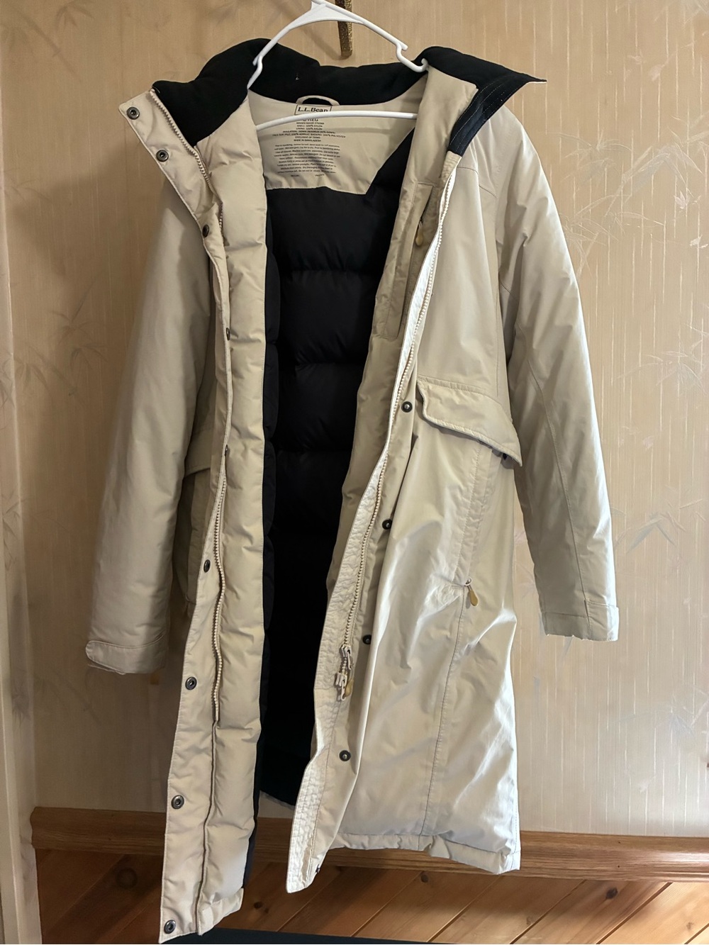 L.L. Bean Two-Tone Beige and Black Long Puffer Coat